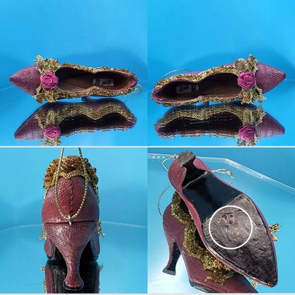 Victorian Purple Shoe Ornaments with Roses Gold Trim Ribbons Old Hollywood Style - Picture 6 of 10